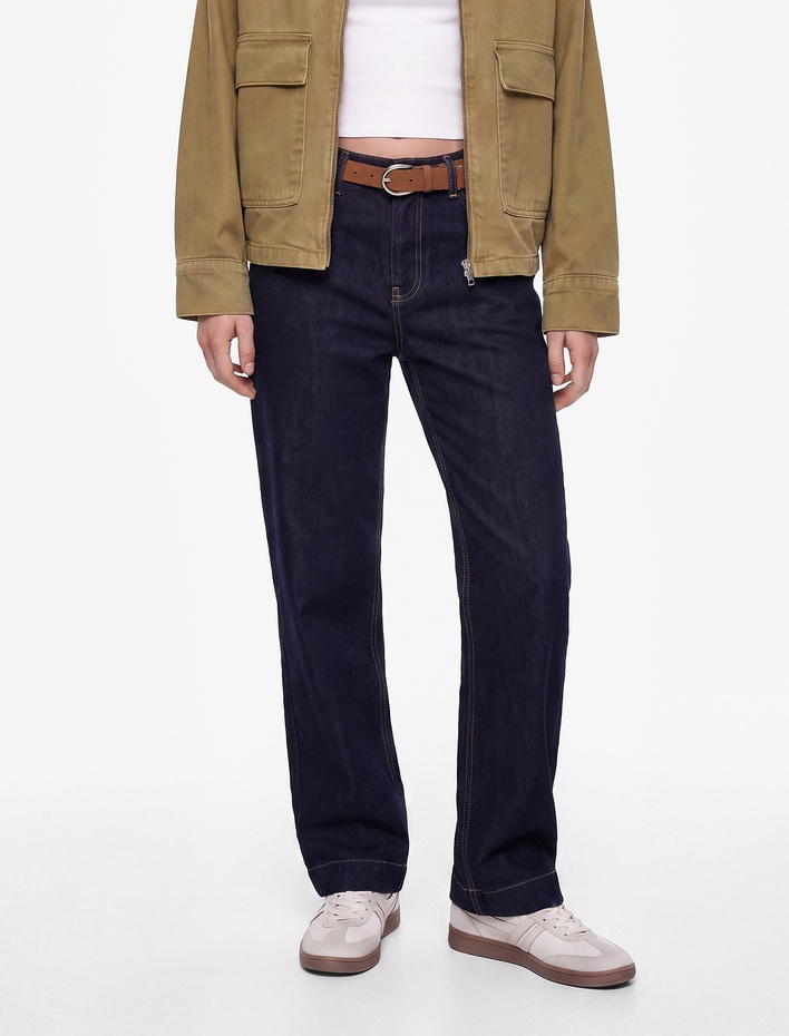  Kemerli Pamuklu Duble Paça Straight Denim Pantolon - Straight Fit Jean