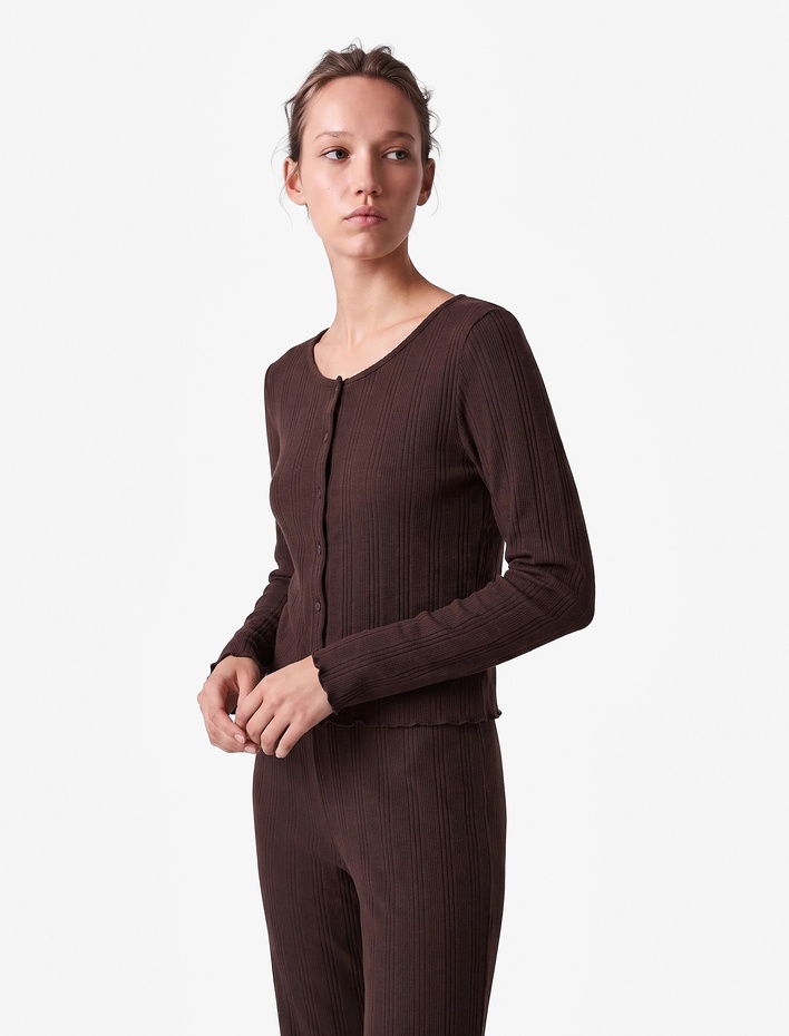  Bisiklet Yaka Düğmeli Dokulu Uzun Kollu Triko Pijama Üstü