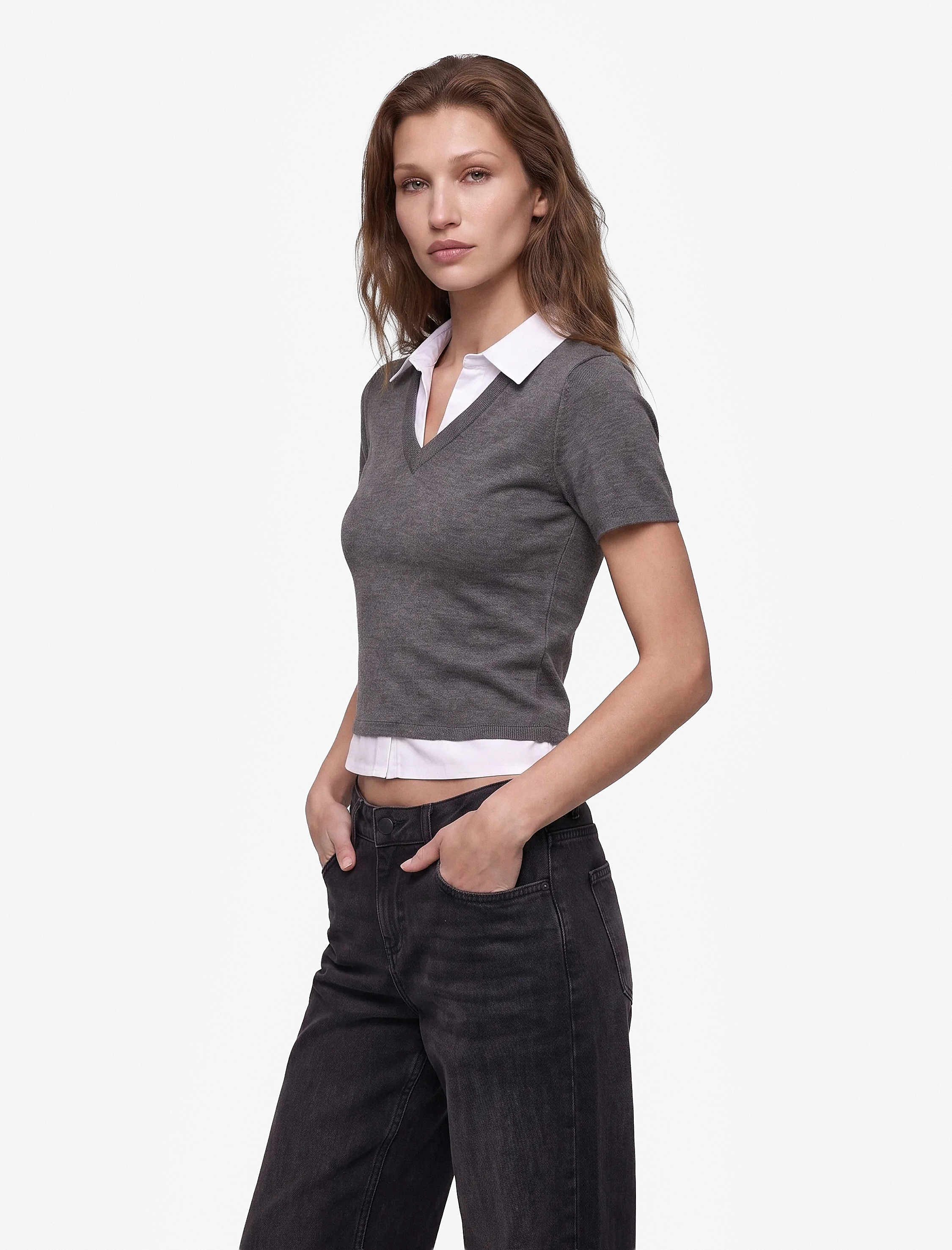   Çift Kumaş Kullanımlı Katmanlı Slim Fit Kısa Kollu Gömlek Detaylı Tişört