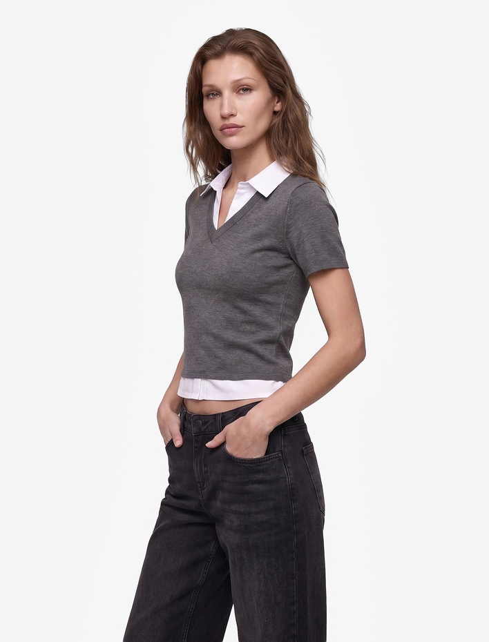  Çift Kumaş Kullanımlı Katmanlı Slim Fit Kısa Kollu Gömlek Detaylı Tişört