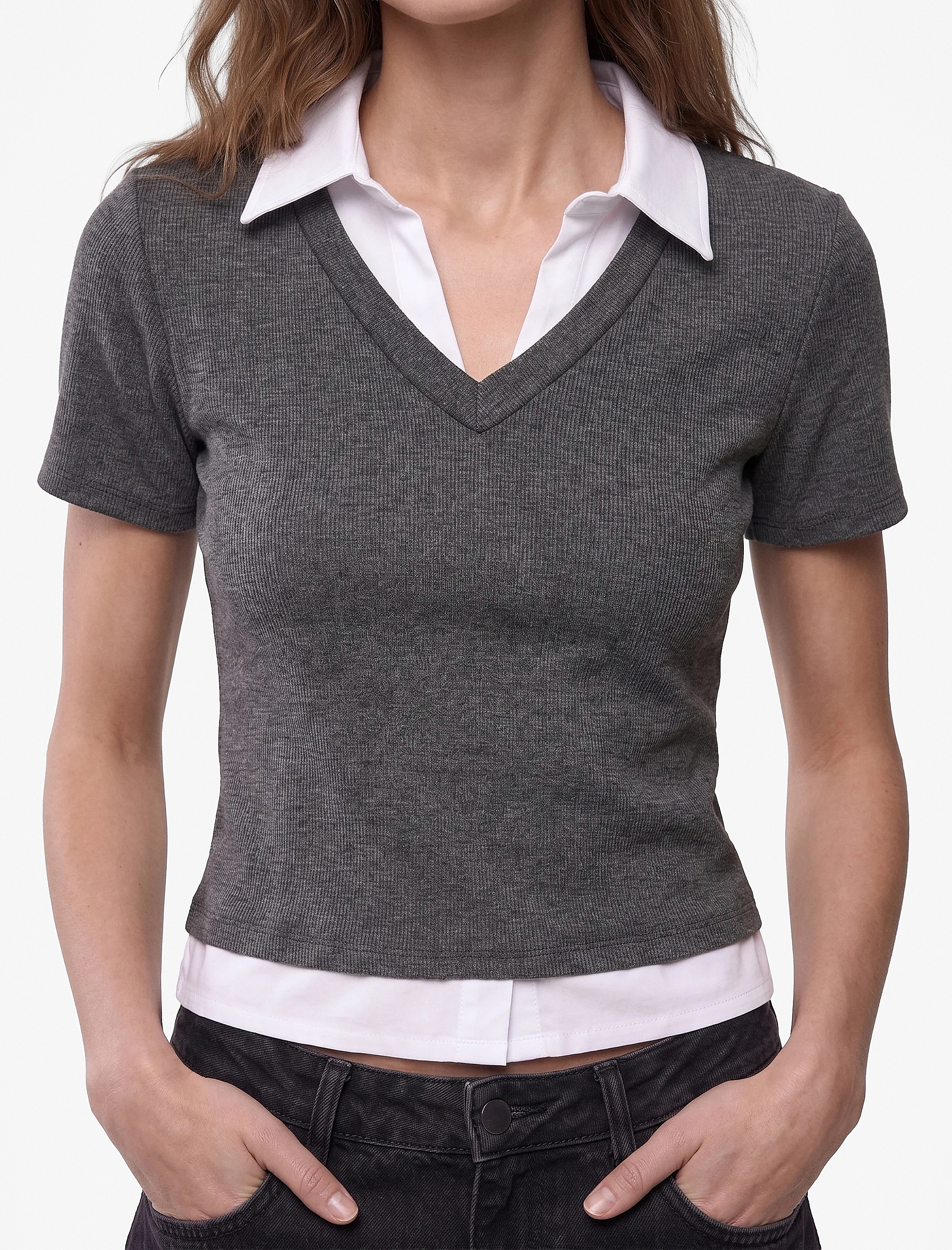   Çift Kumaş Kullanımlı Katmanlı Slim Fit Kısa Kollu Gömlek Detaylı Tişört