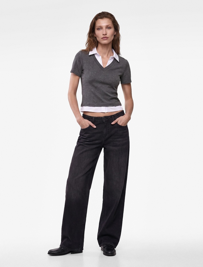  Çift Kumaş Kullanımlı Katmanlı Slim Fit Kısa Kollu Gömlek Detaylı Tişört