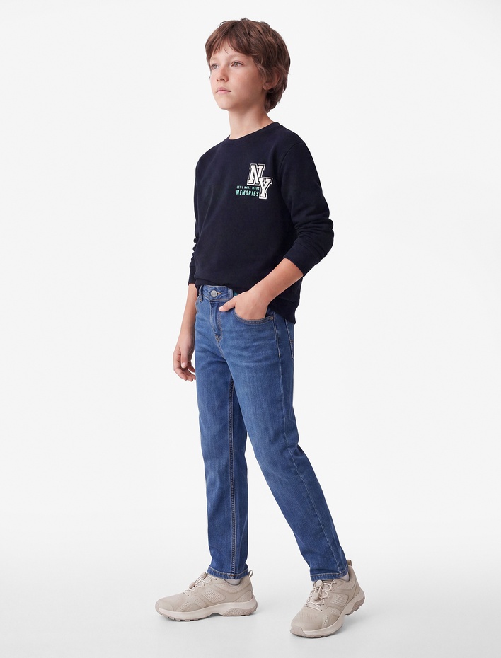 Erkek Çocuk Pamuklu Uzun Kollu Bisiklet Yaka Baskılı Sweatshirt
