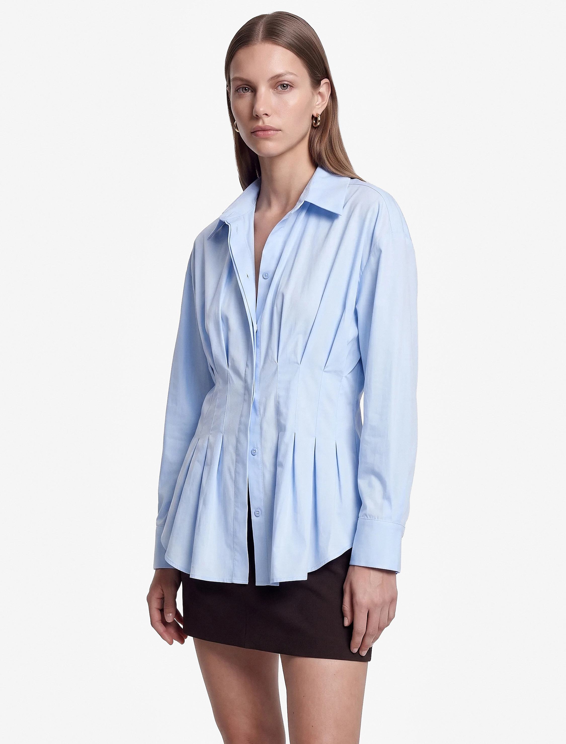   Pamuklu Slim Fit Klasik Yaka Uzun Kollu Pile Detaylı Poplin Gömlek