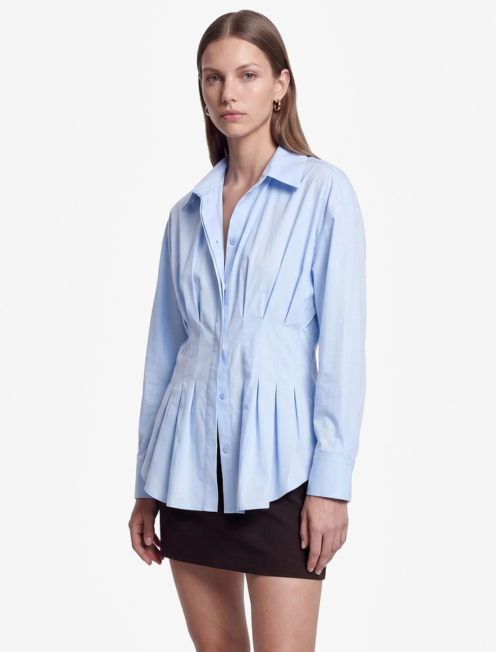  Pamuklu Slim Fit Klasik Yaka Uzun Kollu Pile Detaylı Poplin Gömlek