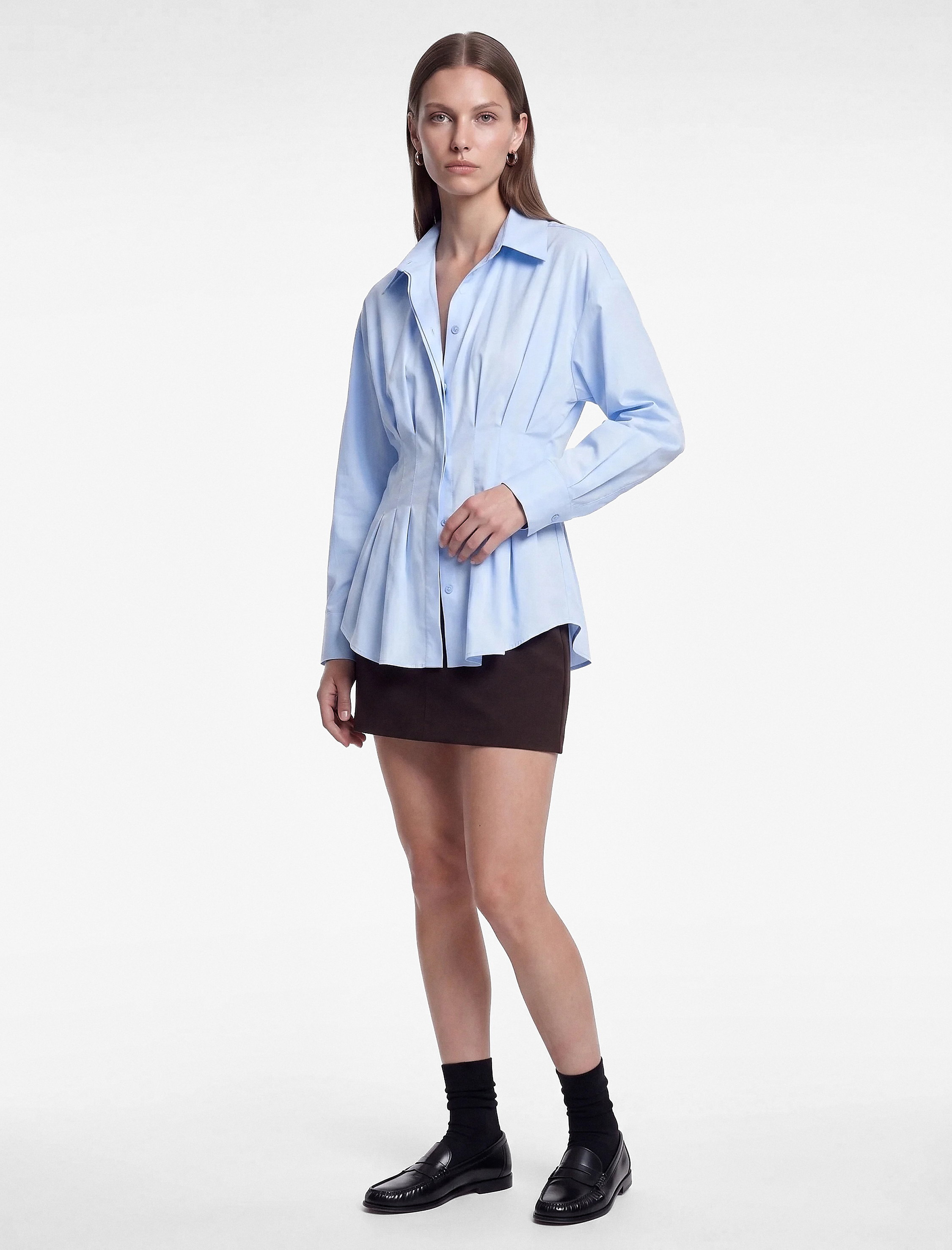   Pamuklu Slim Fit Klasik Yaka Uzun Kollu Pile Detaylı Poplin Gömlek