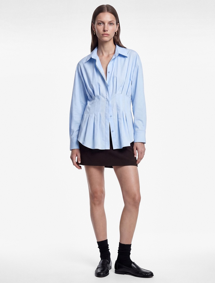  Pamuklu Slim Fit Klasik Yaka Uzun Kollu Pile Detaylı Poplin Gömlek