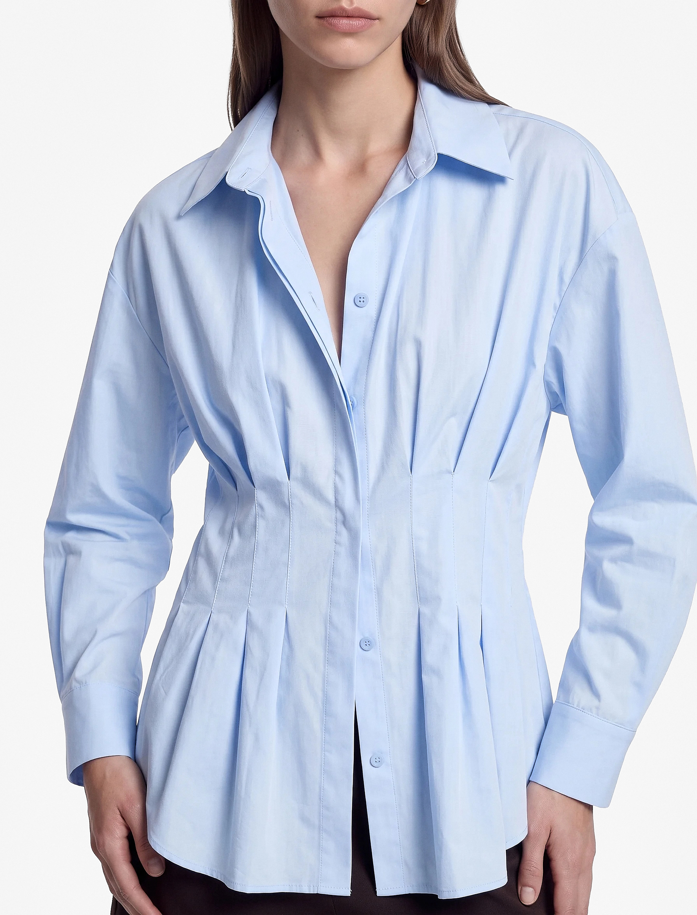   Pamuklu Slim Fit Klasik Yaka Uzun Kollu Pile Detaylı Poplin Gömlek