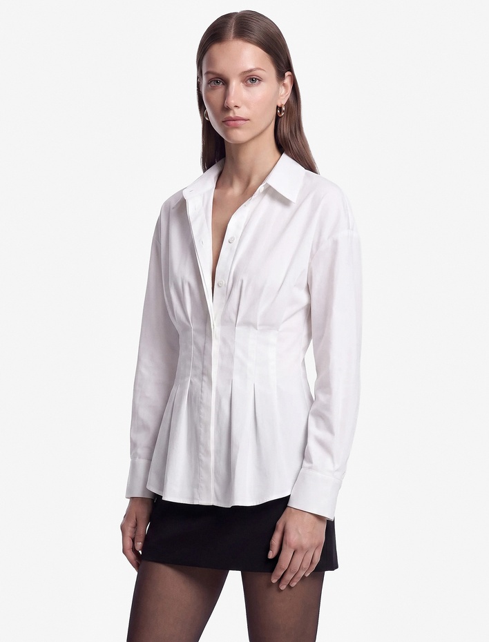  Pamuklu Slim Fit Klasik Yaka Uzun Kollu Pile Detaylı Poplin Gömlek