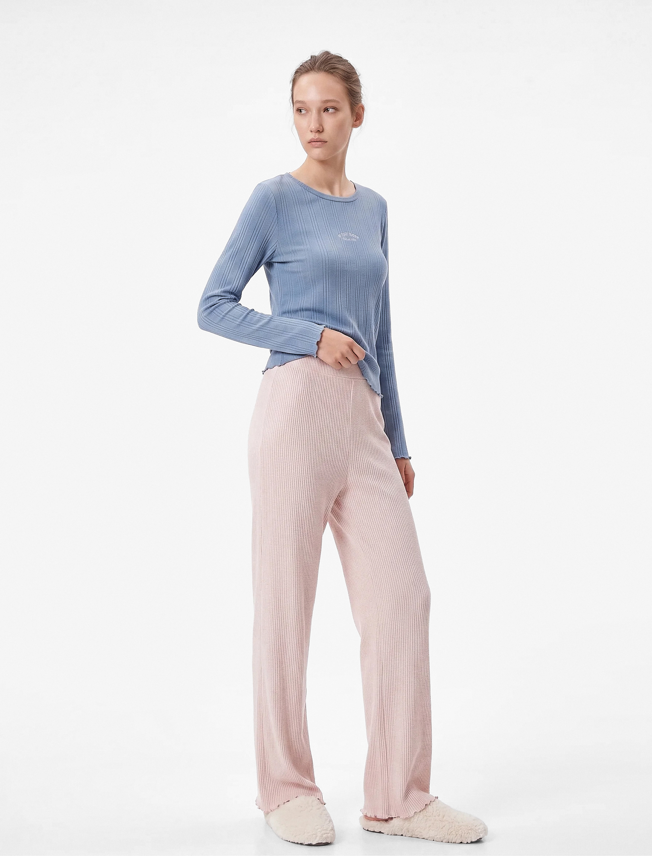   Modal Kumaş Uzun Kollu Bisiklet Yaka Pijama Üstü