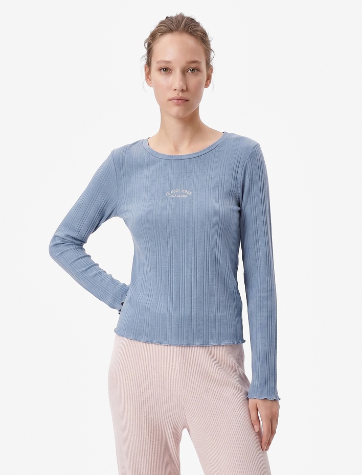  Modal Kumaş Uzun Kollu Bisiklet Yaka Pijama Üstü