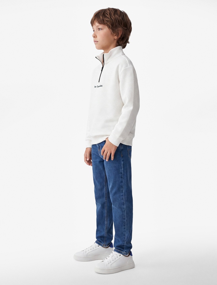 Erkek Çocuk Baskı Detaylı Yarım Fermuar Detaylı Uzun Kollu Dik Yaka Sweatshirt