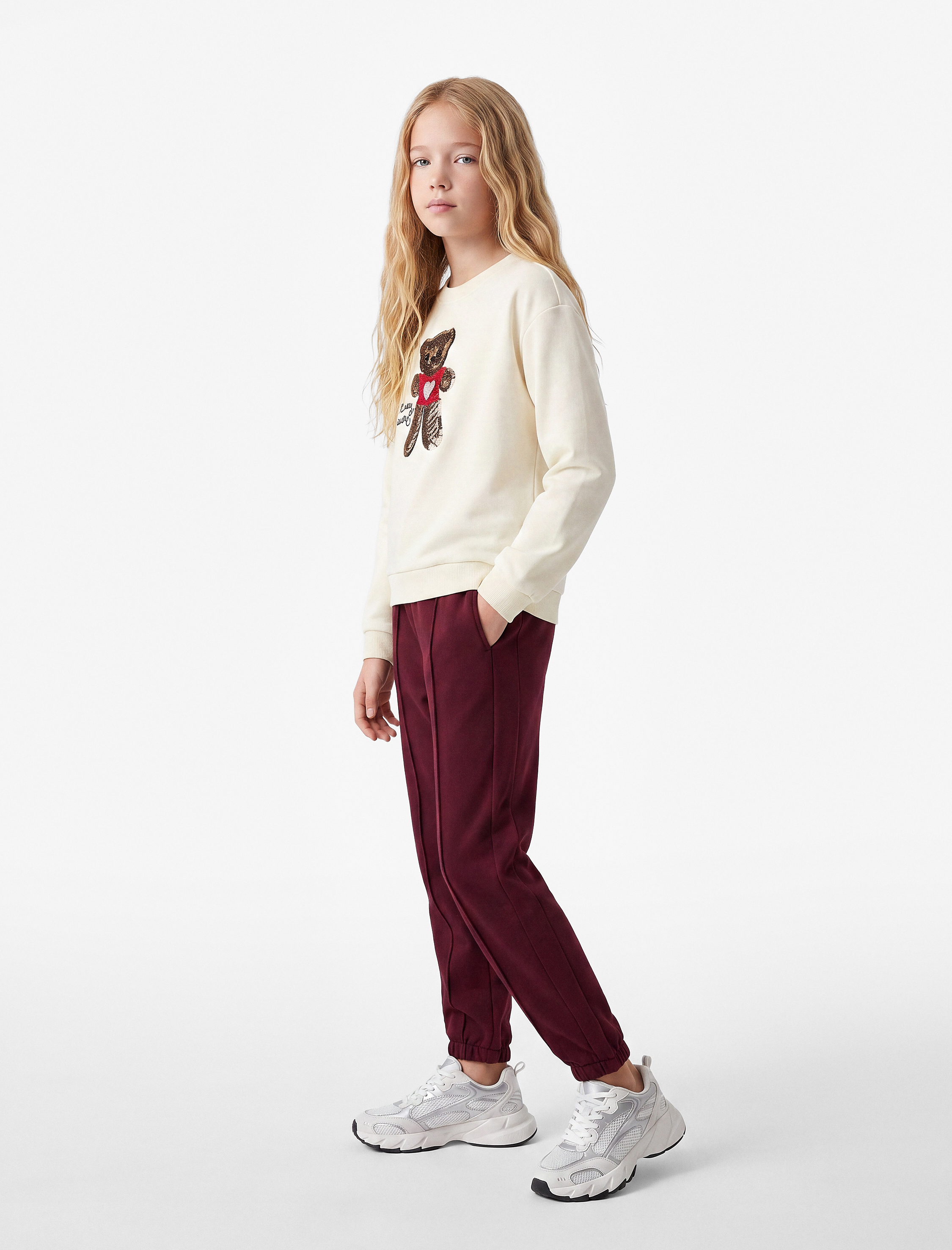  Kız Çocuk Uzun Kollu Bisiklet Yaka Ayıcık Baskılı Pullu Payetli Sweatshirt