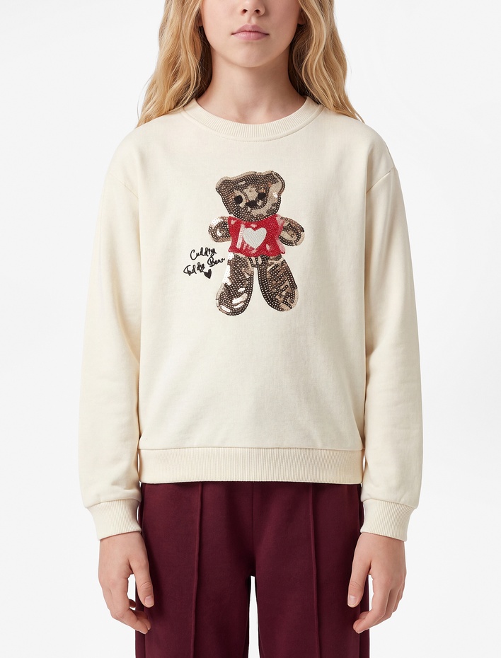 Kız Çocuk Uzun Kollu Bisiklet Yaka Ayıcık Baskılı Pullu Payetli Sweatshirt