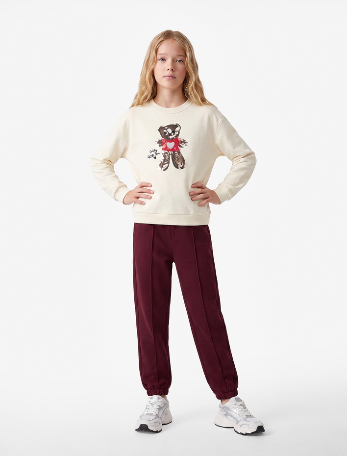 Kız Çocuk Uzun Kollu Bisiklet Yaka Ayıcık Baskılı Pullu Payetli Sweatshirt