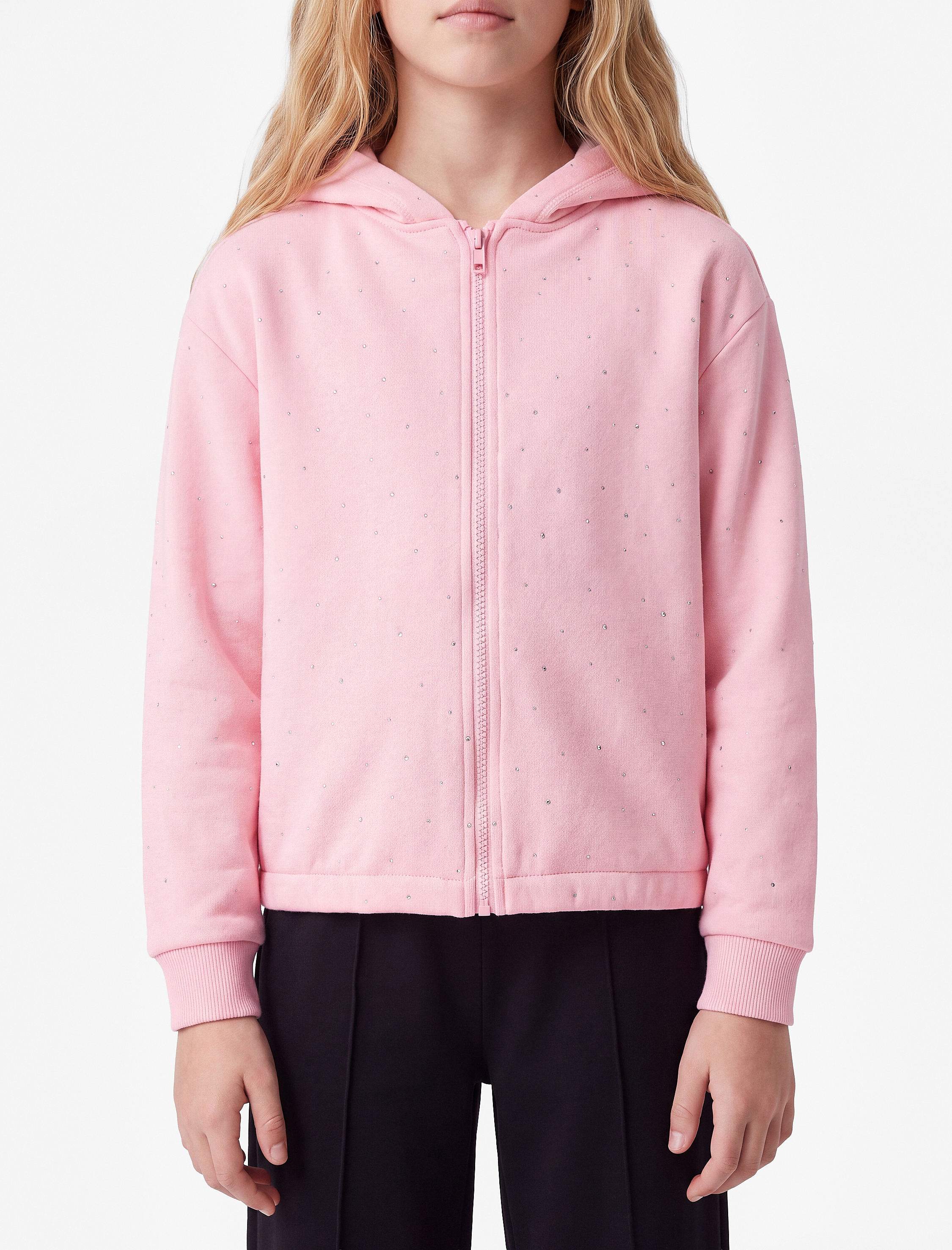  Kız Çocuk Taş Detaylı Uzun Kollu Fermuarlı Şardonlu Kapşonlu Sweatshirt