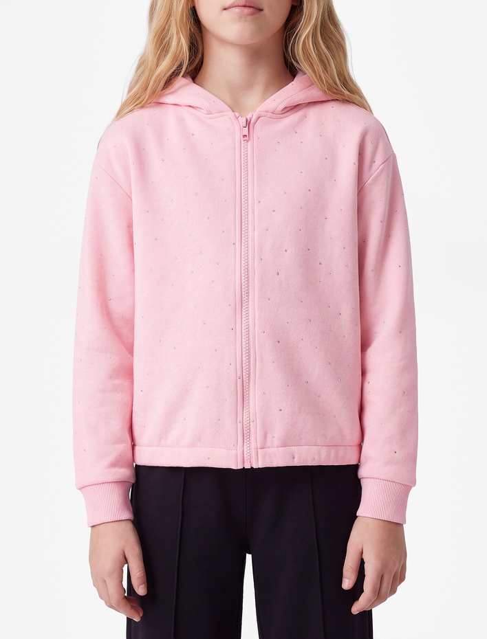 Kız Çocuk Taş Detaylı Uzun Kollu Fermuarlı Şardonlu Kapşonlu Sweatshirt