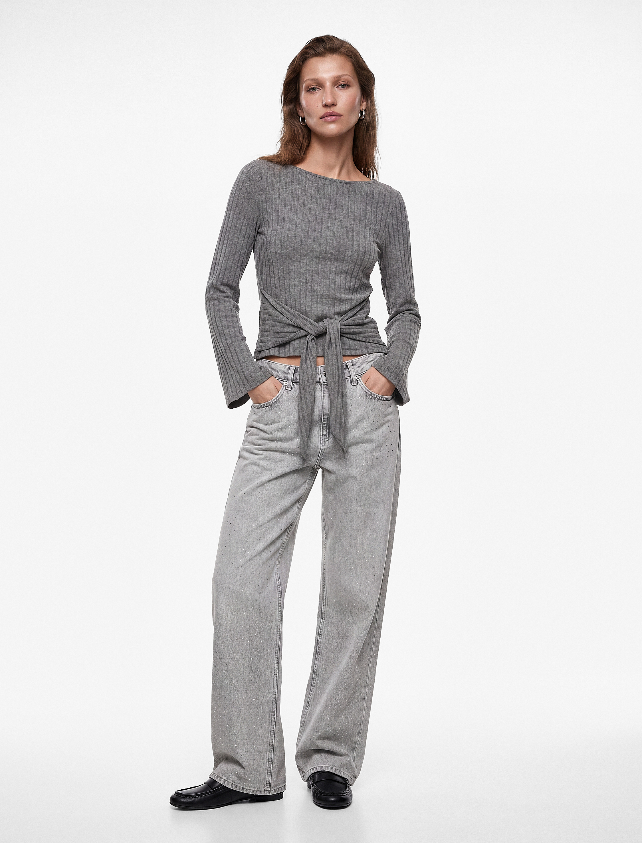   Slim Fit Bisiklet Yaka Bağlama Detaylı Uzun Kollu Bluz