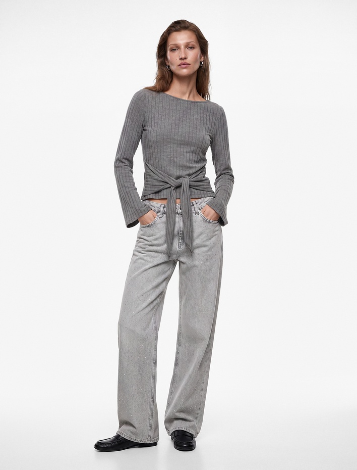  Slim Fit Bisiklet Yaka Bağlama Detaylı Uzun Kollu Bluz
