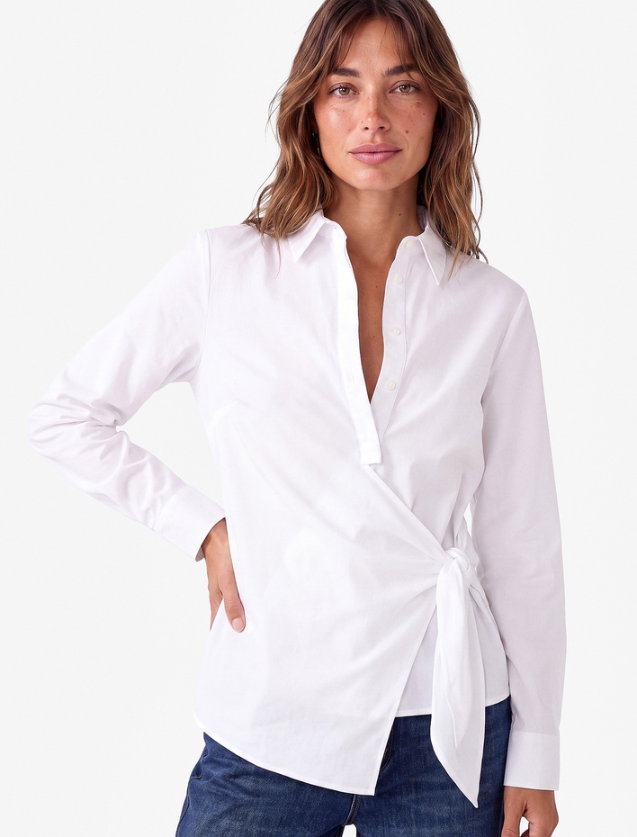 Regular Fit Pamuklu Bağlama Detaylı Uzun Kollu Poplin Gömlek