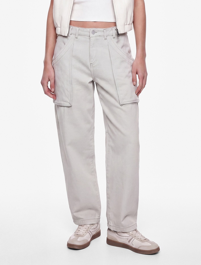  Düşük Bel Dikiş Detaylı Pamuklu Cepli Normal Paça Baggy Pantolon - Baggy Jeans