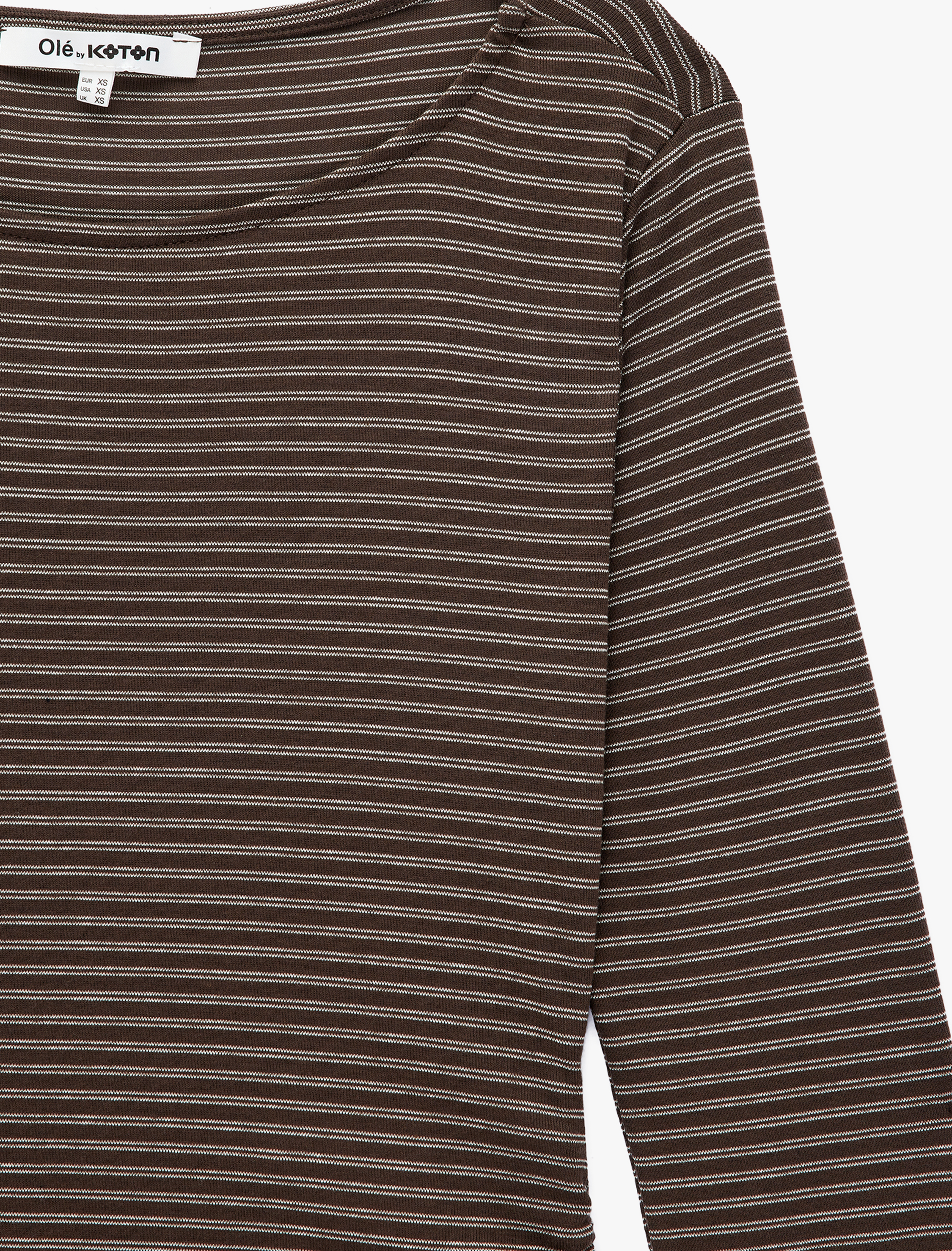   Pamuklu Slim Fit Büzgülü Kayık Yaka Uzun Kollu Çizgili Tişört