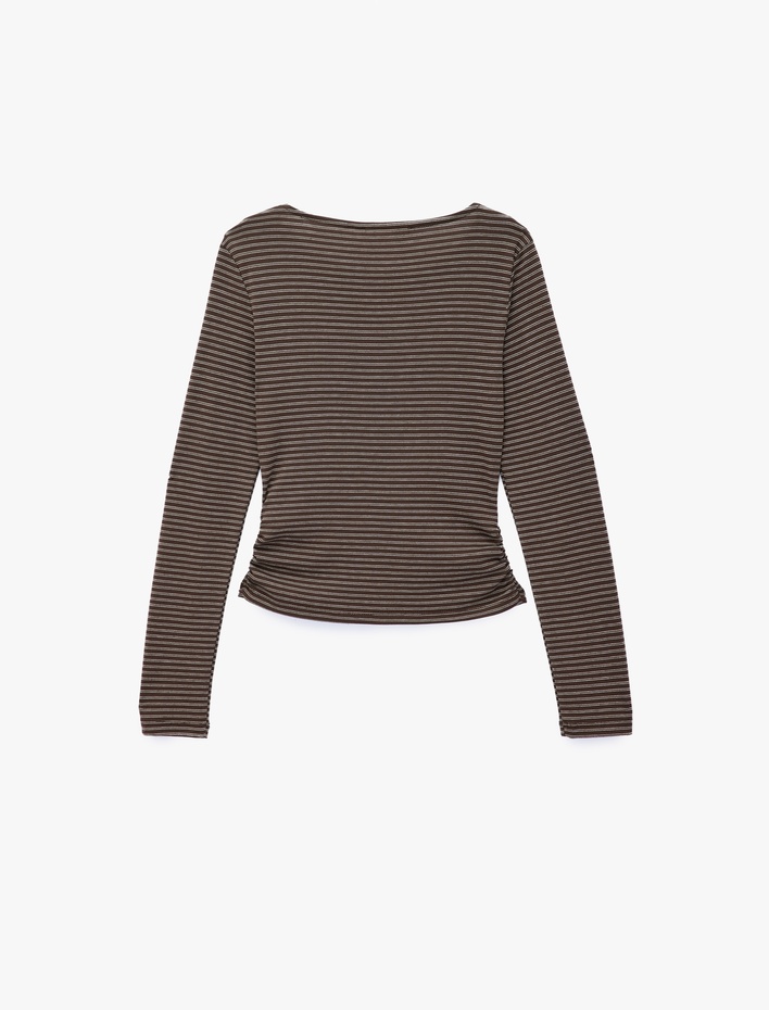  Pamuklu Slim Fit Büzgülü Kayık Yaka Uzun Kollu Çizgili Tişört