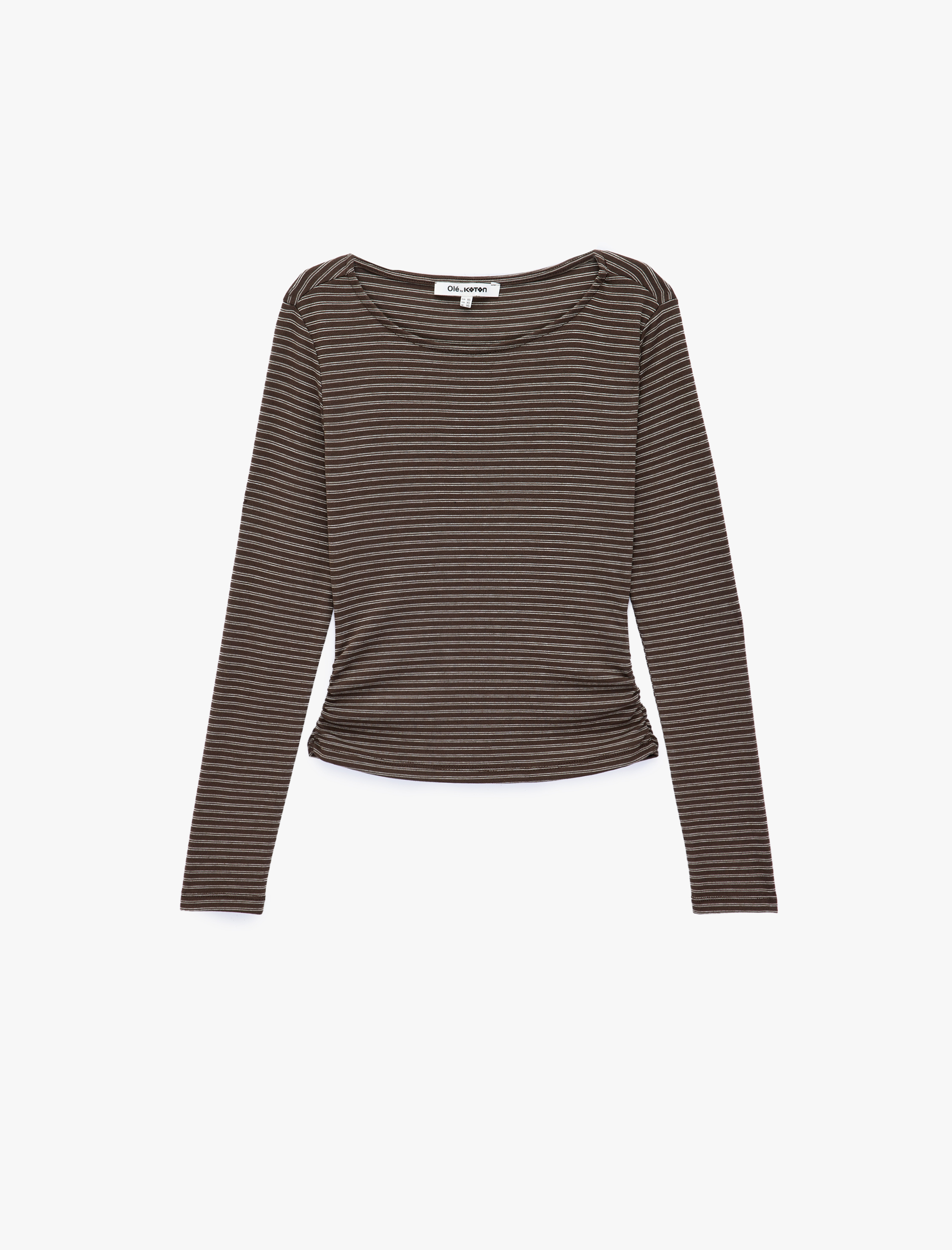   Pamuklu Slim Fit Büzgülü Kayık Yaka Uzun Kollu Çizgili Tişört