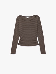 Pamuklu Slim Fit Büzgülü Kayık Yaka Uzun Kollu Çizgili Tişört