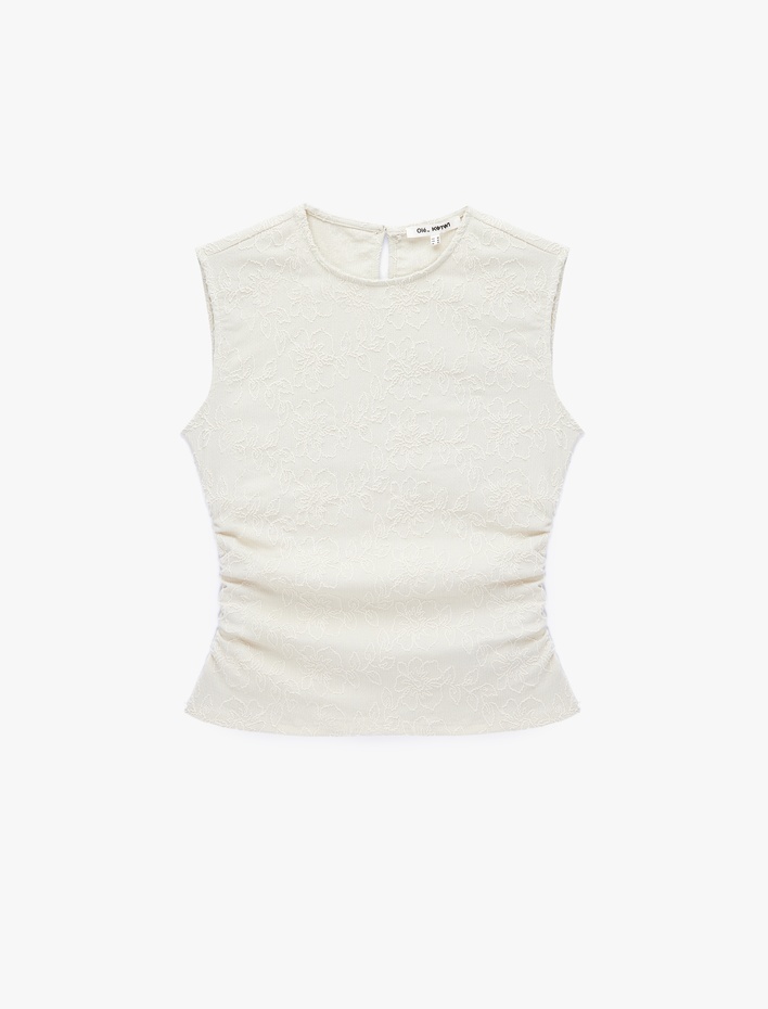  Brodeli Desenli Slim Fit Kolsuz Bisiklet Yaka Düğmeli Drapeli Bluz