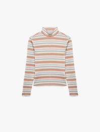 Slim Fit Viskon Parıltılı Çizgili Balıkçı Yaka Uzun Kollu Tişört