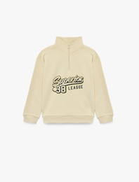 Baskılı Fermuarlı Uzun Kollu Pamuklu Dik Yaka Sweatshirt
