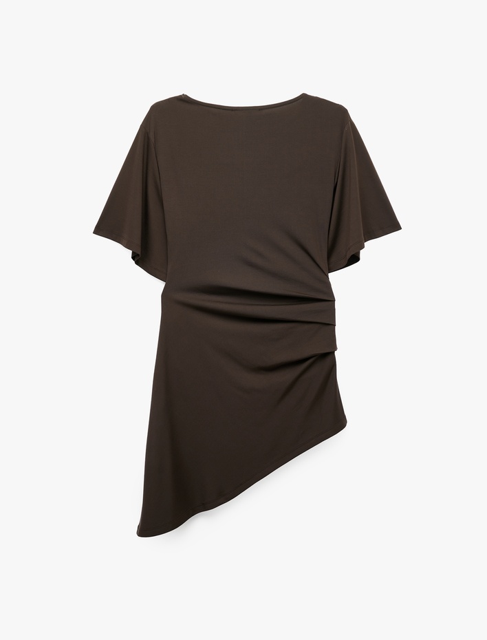  Slim Fit Kısa Kollu Bisiklet Yaka Drapeli Asimetrik Uzun Tişört