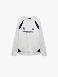 Renk Bloklu Bisiklet Yaka Uzun Kollu Baskılı Sweatshirt