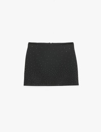 Normal Bel Krep Scuba Kumaş Taşlı Mini Etek