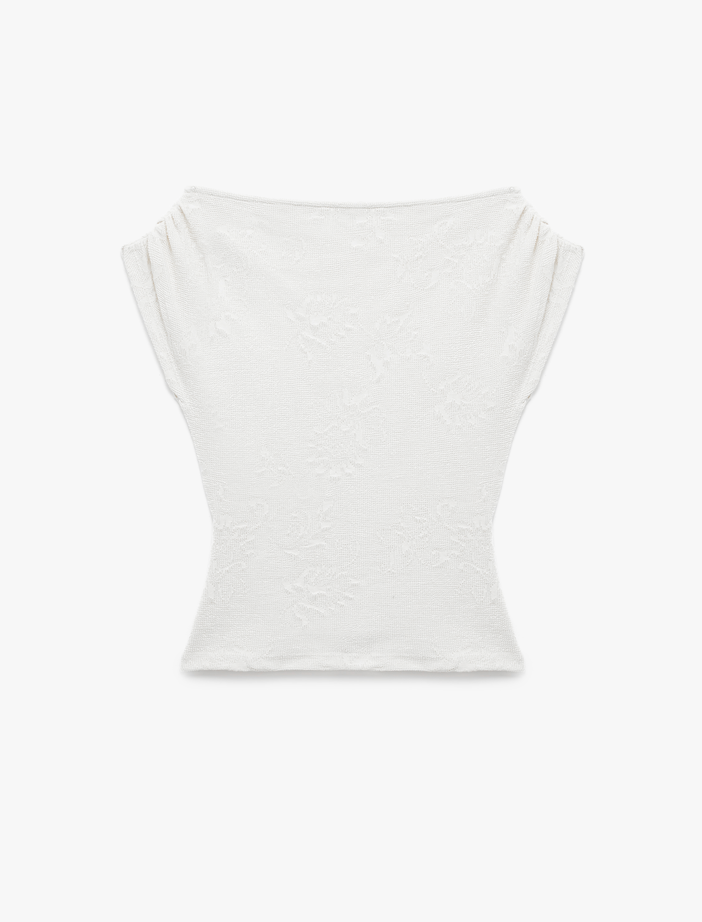   Aksesuarlı Slim Fit Pamuklu Kayık Yaka Kolsuz Floral Dokulu Asimetrik Bluz
