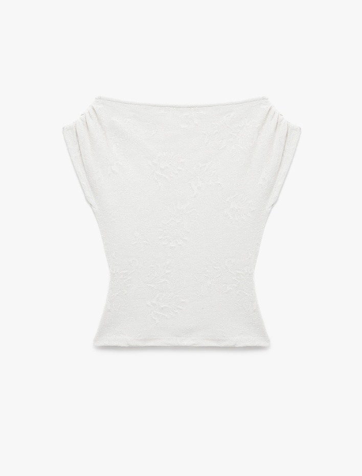  Aksesuarlı Slim Fit Pamuklu Kayık Yaka Kolsuz Floral Dokulu Asimetrik Bluz