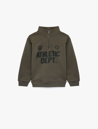 Baskılı Uzun Kollu Şardonlu Pamuklu Yarım Fermuarlı Dik Yaka Sweatshirt