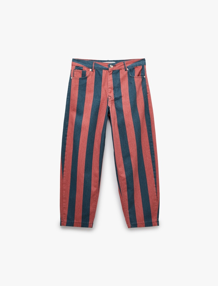  Normal Bel Regular Fit Pamuklu Düz Paça Çizgili Denim Pantolon - Tapered Jeans