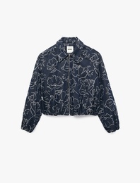 Pamuklu Fermuarlı Uzun Kollu Oversize Çiçek Desenli Bomber Ceket