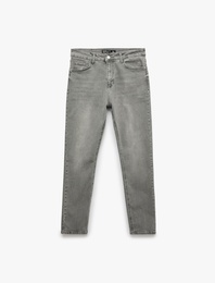 Yıkamalı Cep Detaylı Normal Bel Slim Fit Pamuklu Dar Paça Jean Pantolon - Slim Fit Jeans
