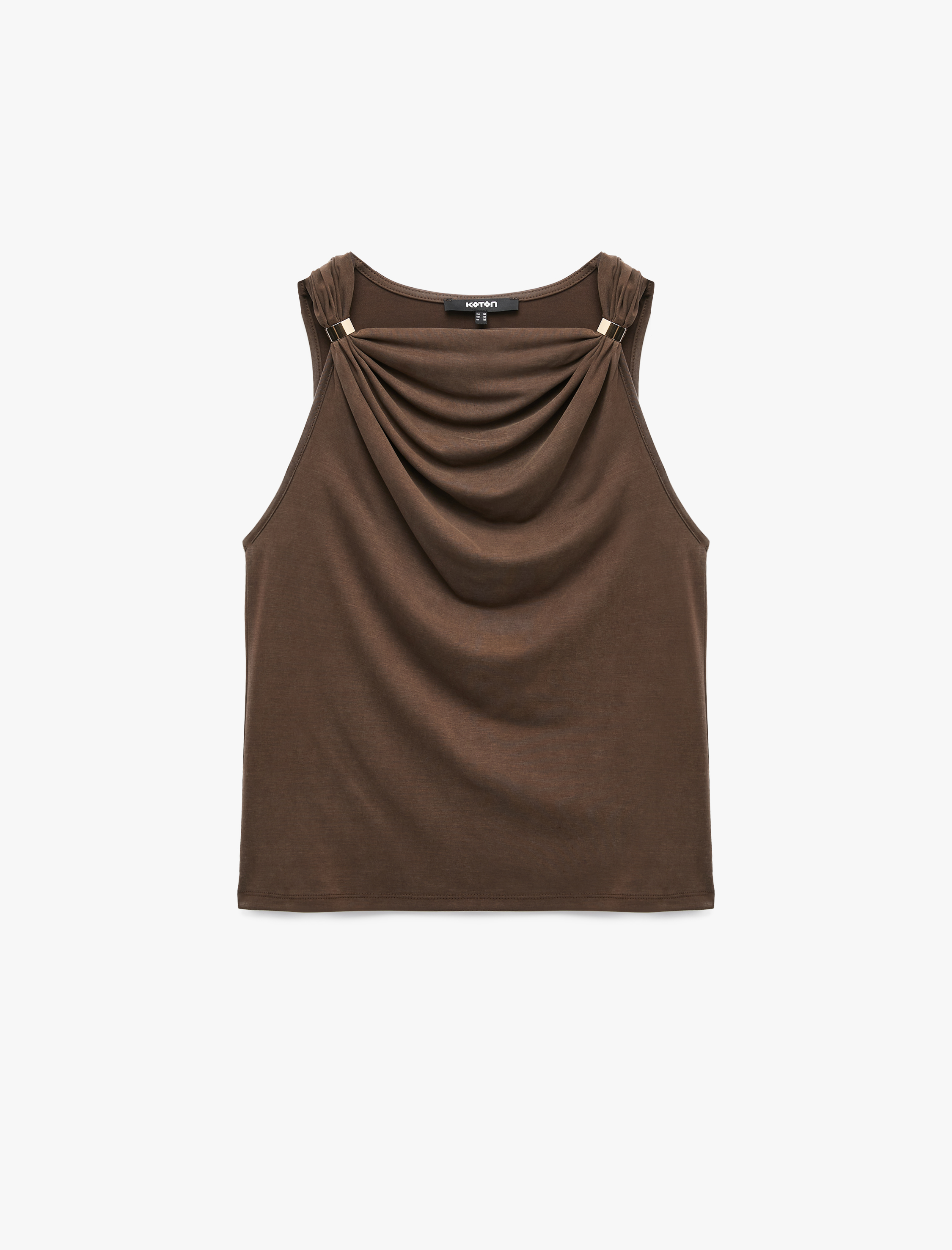   Slim Fit Metal Aksesuarlı Drapeli Viskon Degaje Yaka Kolsuz Bluz