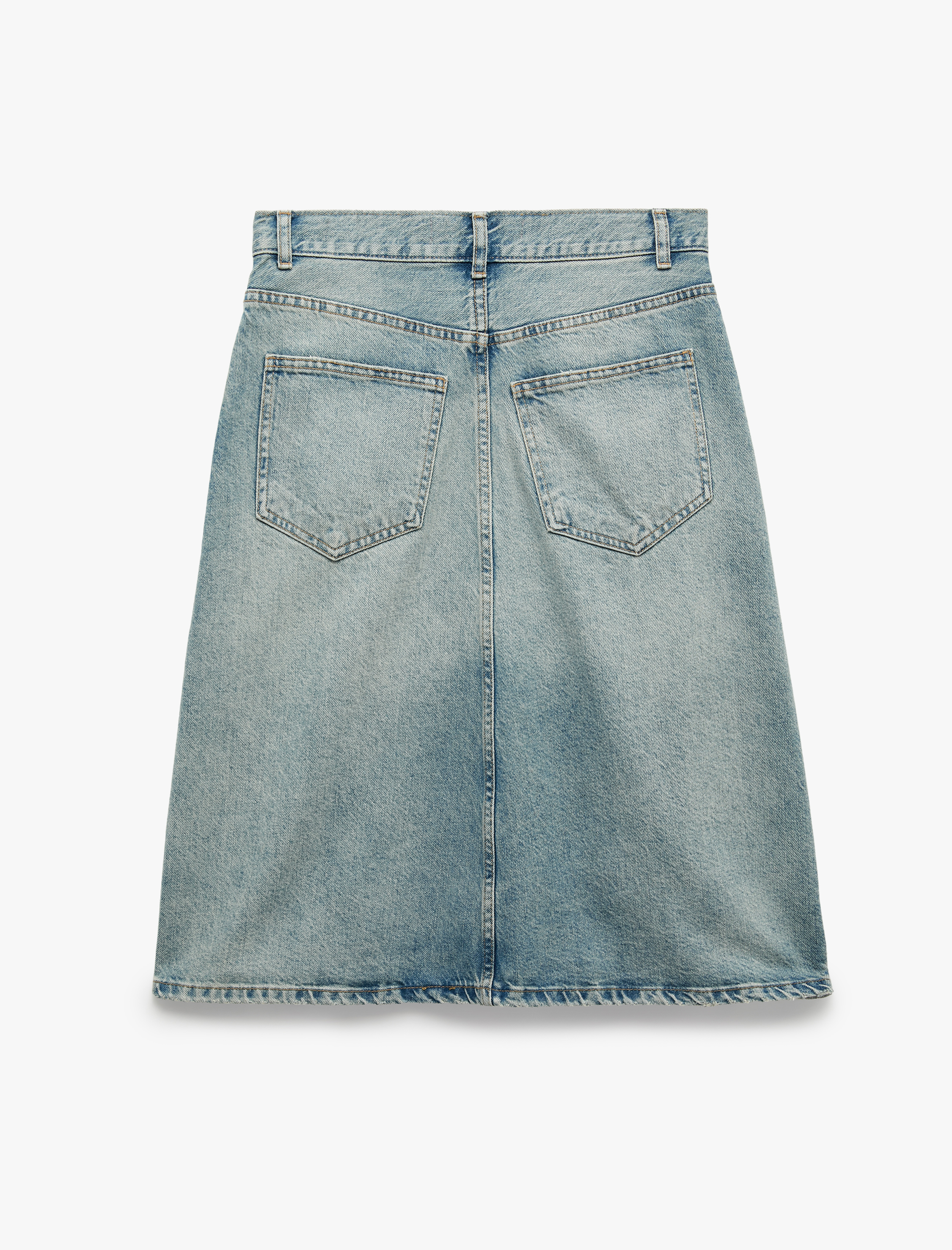   Volanlı Asimetrik Kesim Cepli Normal Bel Düğme Detaylı Pamuklu Denim Etek