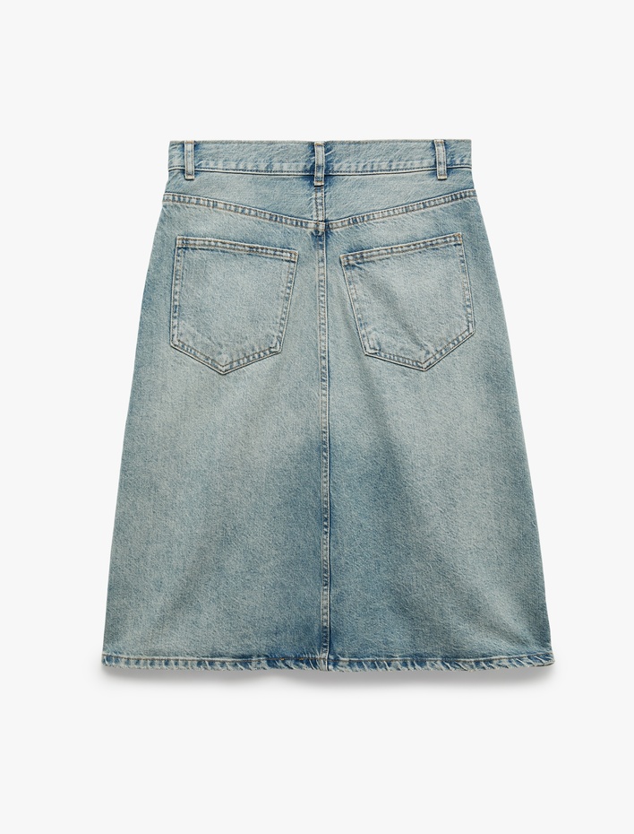  Volanlı Asimetrik Kesim Cepli Normal Bel Düğme Detaylı Pamuklu Denim Etek