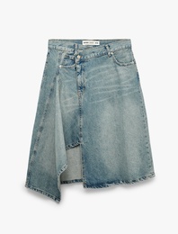 Volanlı Asimetrik Kesim Cepli Normal Bel Düğme Detaylı Pamuklu Denim Etek