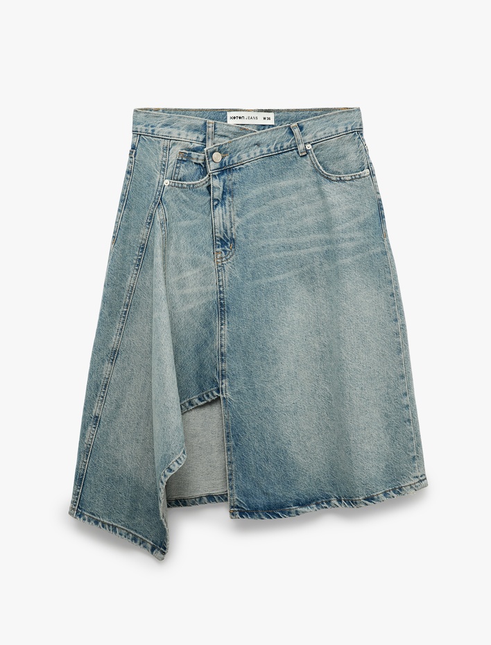  Volanlı Asimetrik Kesim Cepli Normal Bel Düğme Detaylı Pamuklu Denim Etek