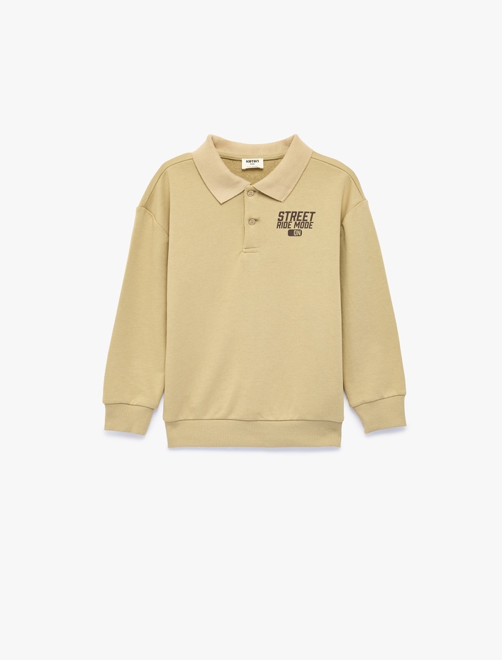 Erkek Çocuk Düğme Detaylı Baskılı Uzun Kollu Polo Yaka Sweatshirt