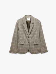 Regular Fit Uzun Kollu Klasik Yaka Cepli Düğmeli Ekose Blazer Ceket