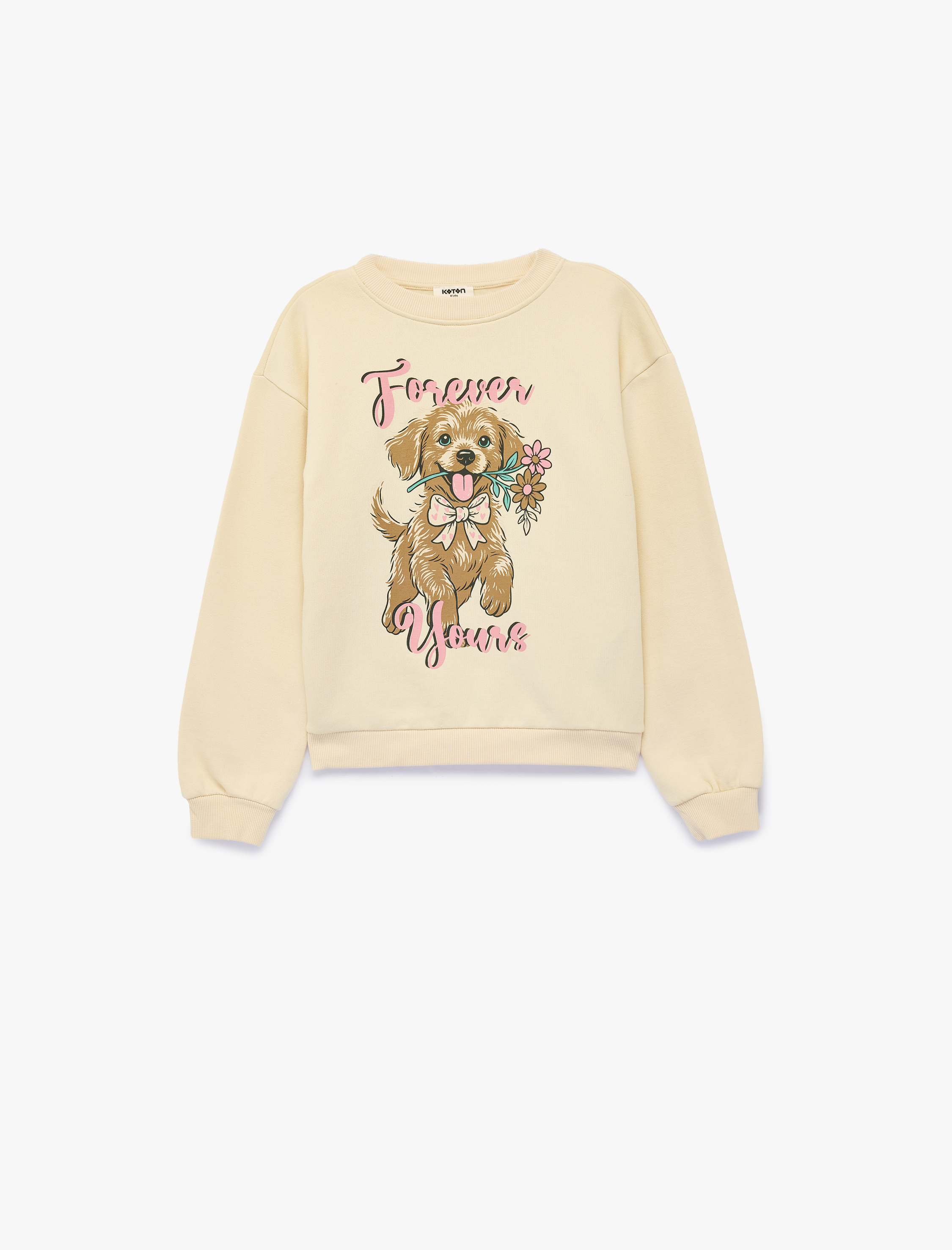  Kız Çocuk Bisiklet Yaka Uzun Kollu Şardonlu Köpek Baskılı Sweatshirt