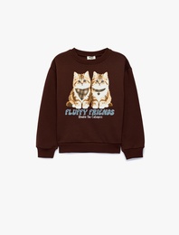Uzun Kollu Bisiklet Yaka Şardonlu Kedi Baskılı Sweatshirt